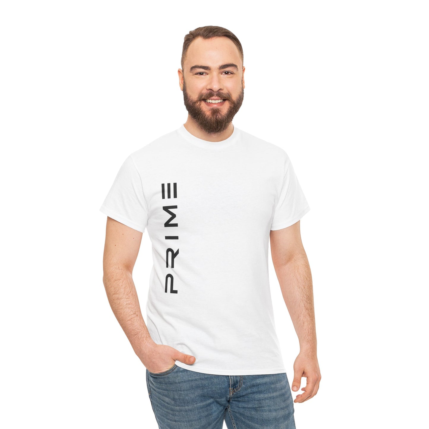 PRIME Vertical Logo Heavy Cotton T-Shirt – White Minimalist Streetwear Tee